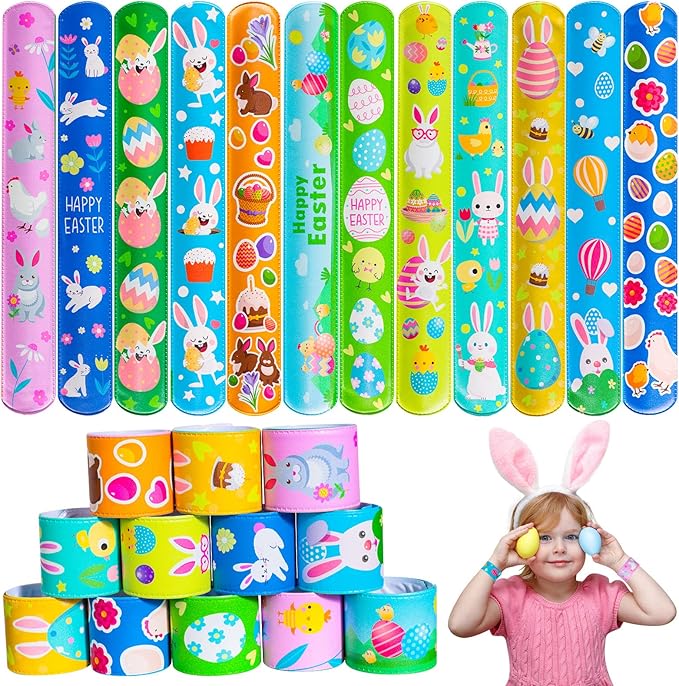 Max Fun 48pcs Easter Slap Bracelets Party Favors Toys Basket Stuffers for Kids Party Favors Easter Egg Fillers