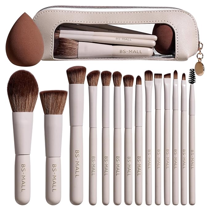BS-MALL 14 Pcs Makeup Brushes Set with 1 Pcs Makeup Sponge – Essential Foundation Powder Concealers, Eye Shadows, Blush Makeup Brushes with Travel Makeup Case (Beige)