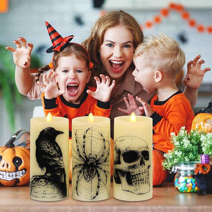 Eldnacele Halloween Flickering Candles with Skull, Spider Web, Crow, Raven Decals, Set of 3 Flat Wick Battery Operated Halloween Themed LED Candles with Remote Timer Spooky Decor