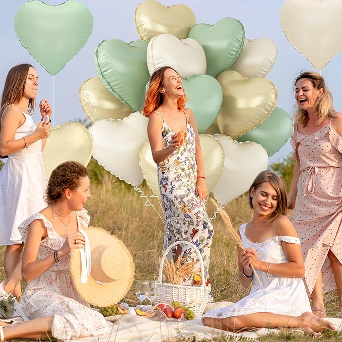 Sage Green Gold Heart Balloons,12Pcs Light Gold Heart Shaped Foil Balloons,18Inch Cream White Helium Balloon for Baby Shower Birthday Anniversary Wedding Party Decorations