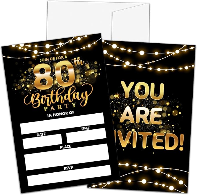 80th Birthday Invitations, Birthday Party Invitations For Women Men, 80 Year Old Birthday Invites, Black Gold Birthday Party Decorations Favors, 20 Invitations with 20 Envelopes - C02