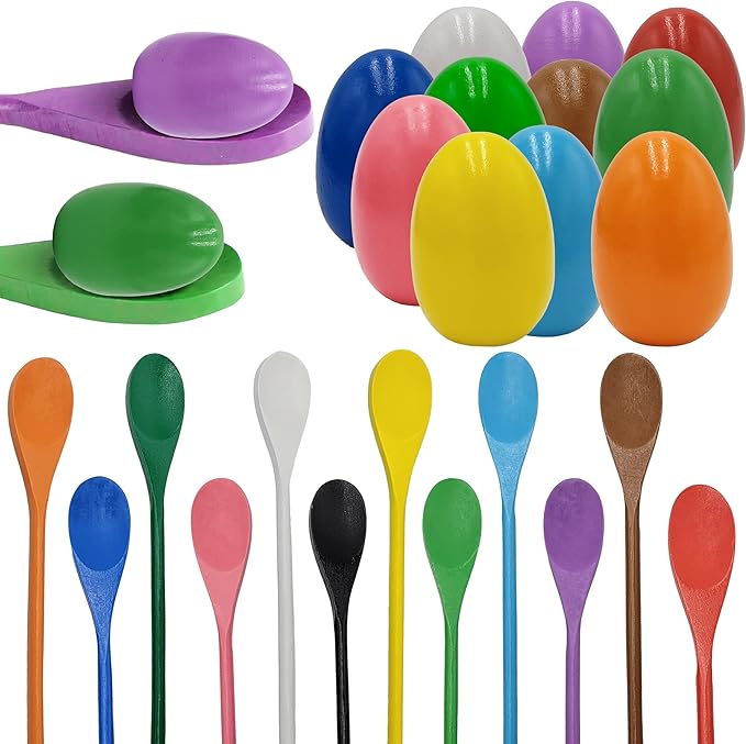 24 Wooden Easter Eggs and 24 Wooden Spoon Race Game Set, 24 Sets, Multi-Player Carnival Game for Kids & Family Activity Holiday Outdoor Yard Easter Egg Hunt Birthday Party Lawn Games