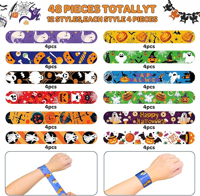 48 Pcs Halloween Slap Bracelets, 12 Styles for Halloween Party Favors, Assorted Bulk Pumpkin Zombie Witches Snap Bracelet Wristbands for Kids Halloween Party Gift Bag Filler Supply