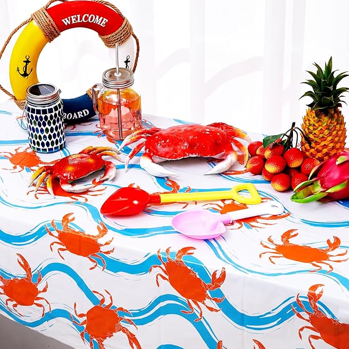 Juexica 2 Pcs 54 x 108 Inch Crab Boil Party Table Cloth Summer Seafood Party Supplies Plastic Crab Tablecover Decorations Rectangular for Sea Animals Dining Kitchen Centerpiece (Blue Waves Style)