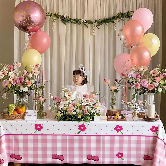 Pink Bow Flower Tablecloth 2 Packs, Pink White Gingham Cute Plastic Tablecloths Disposable Birthday Party Decoration, 54" x 108" Waterproof Tablecloth for Girls Birthday Princess Party Supplies