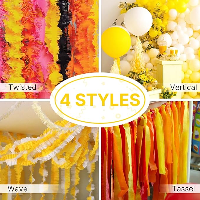PartyWoo Crepe Paper Streamers 4 Rolls 328ft, Pack of Yellow Crepe Paper for Party, Wedding, Birthday, Baby Shower Decorations (1.8 Inch x 82 Ft/Roll)