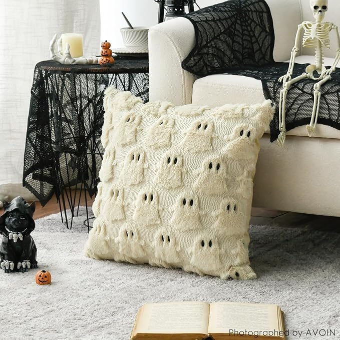 AVOIN colorlife Halloween Ghost Beige Throw Pillow Cover Set of 2, 20 x 20 Inch Soft Plush Faux Fur Jacquard Spooky Cushion Case Decoration for Sofa Couch