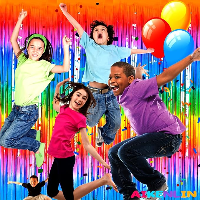 4 Pack 3.2Ft x 8.2Ft Rainbow Foil Fringe Curtain Backdrop, Metallic Tinsel Foil Fringe Streamers Curtains Background for Photo Booth, Birthday, Wedding, Disco, Bachelorette, Christmas Party Decoration