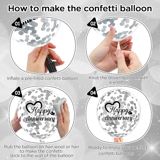 Happy Anniversary Balloons 18Pcs Black Silver Party Decorations for Women Men 12Inch Metallic Confetti Balloons for Indoor Outdoor Party Supplies