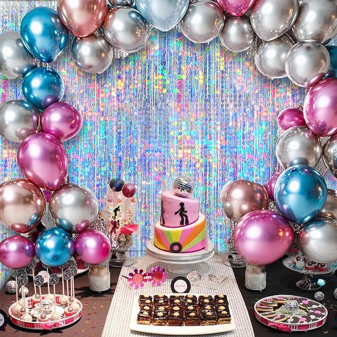 4 Packs Silver Foil Fringe Curtain, Silver Glitter Metallic Tinsel Backdrop for Birthday, Wedding, Baby Shower, Bachelorette, 70s 80s 90s Theme Disco Party, Iridescent Party Decorations Supplies
