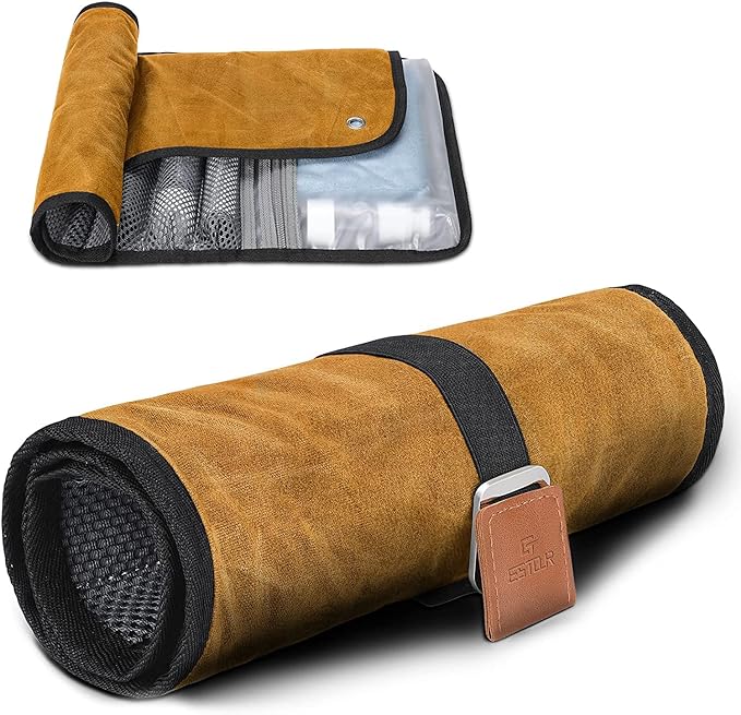 Toiletry Bag for Men, Travel Essentials Travel Toiletry Bag, Water-Resistant Compact Bathroom Roll Organizer for Hygiene, Shaving kit, Gifts for men (2.Khaki Yellow (Waxed Canvas))