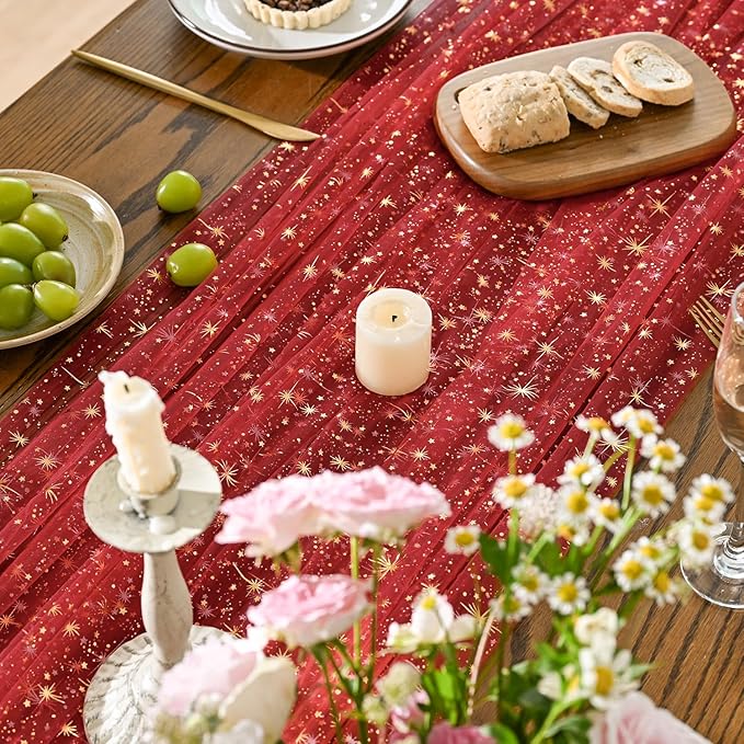 Horaldaily Red Gold Sparkling Star Gauze Tablecloth 60x104 Inch Rectangular, Golden Star Sequin Glitter Metallic Foil, Sheer Tulle Cheesecloth for Wedding Baby Shower Party