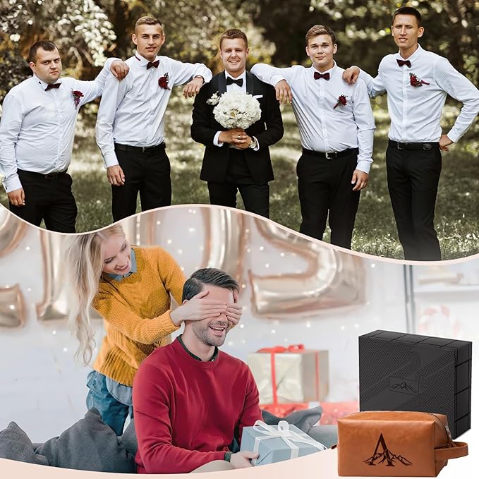 Personalized Gifts Travel Toiletry Bag for Men Engraved Initial PU Leather Waterproof Shaving Bag for Toiletries Accessories Fathers Day Birthday Gift for Men Dad Husband Son, Light Brown F