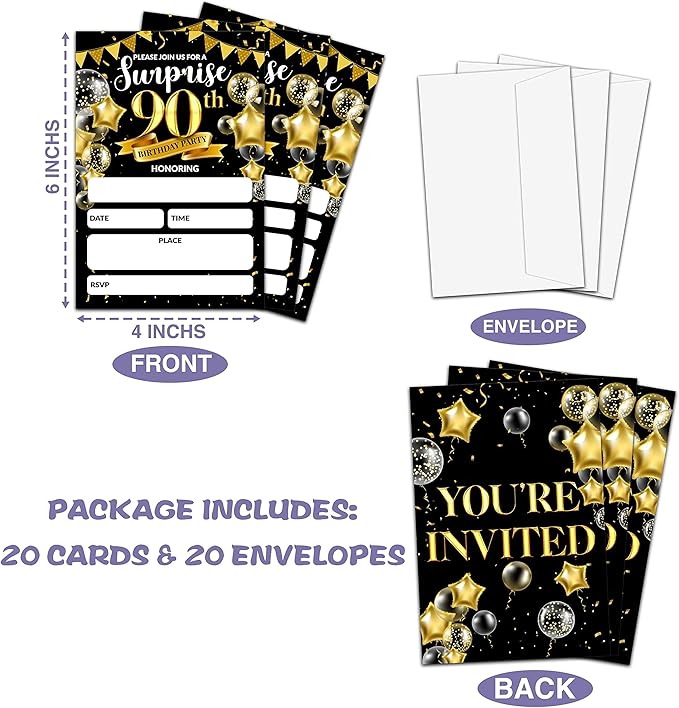 Surprise 90th Birthday Party Invitation, Black and Gold Fill-In Invites For Adult Woman & Man, 20 Invitations With Envelopes(4" x 6"), Party Favors Decorations And Supplies-07