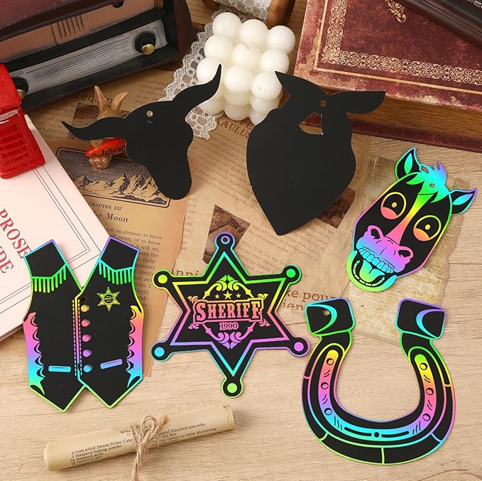 JULMELON 36 PCS Western Crafts, Rainbow Scratch Art Cowboy Rodeo Party Favors DIY Magic Color Scratch Paper Cards for Western Theme Birthday Party Favors School Activities Games
