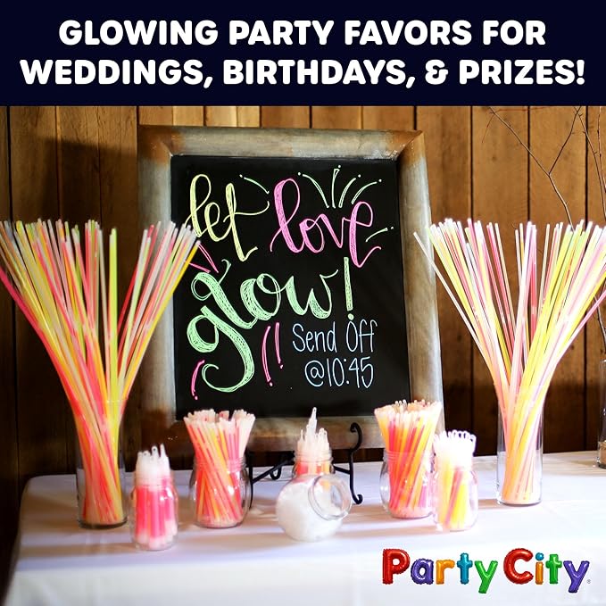 Party City 100 Glow Sticks Bulk Party Pack 8”– Neon Glow in the Dark Party Supplies, Glowsticks with Connectors Bracelets & Necklaces, Light Up Favors for Kids, Adults, Birthdays, Parties, Decorations