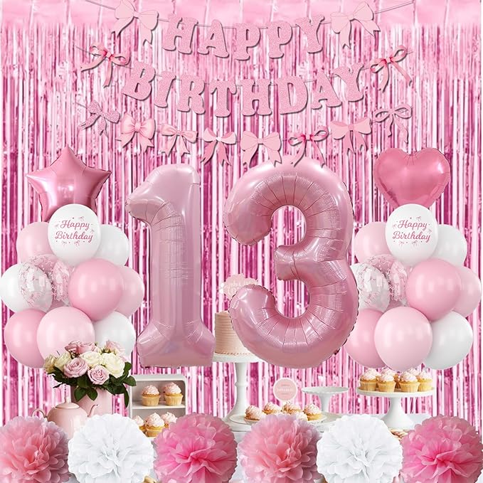 13th Birthday Decorations for Girls Pink Number 13 Balloon Bow Coquette Happy Birthday Banner Fringe Curtain Paper Pom Poms Star Heart Foil Pink White Balloons 13 Year Old Party Decor