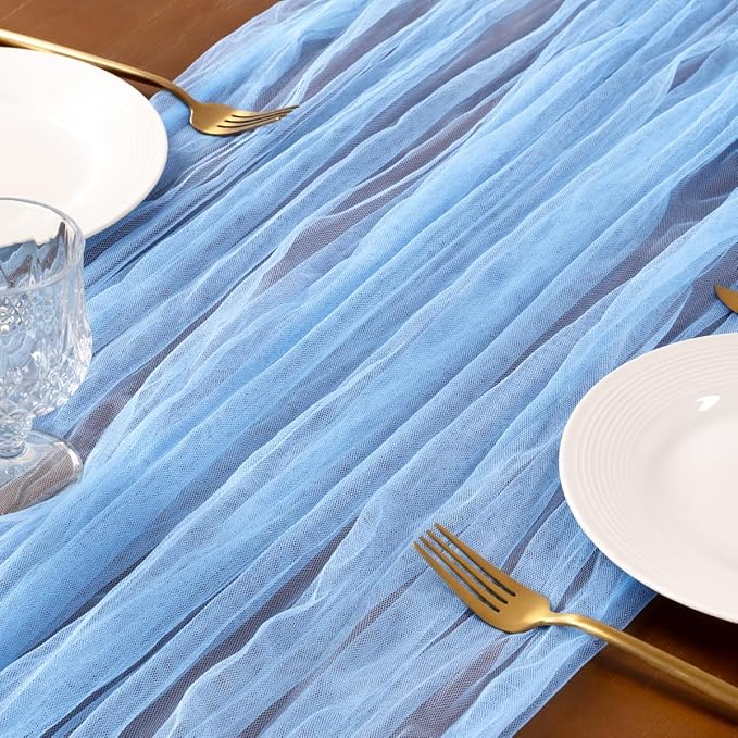 Socomi Blue Cheesecloth Table Runner Tulle Gauze Cheese clothBoho Rustic 120 inch 10FT Runner for Wedding Party Baby Shower Birthday Holiday Decorations 3pcs