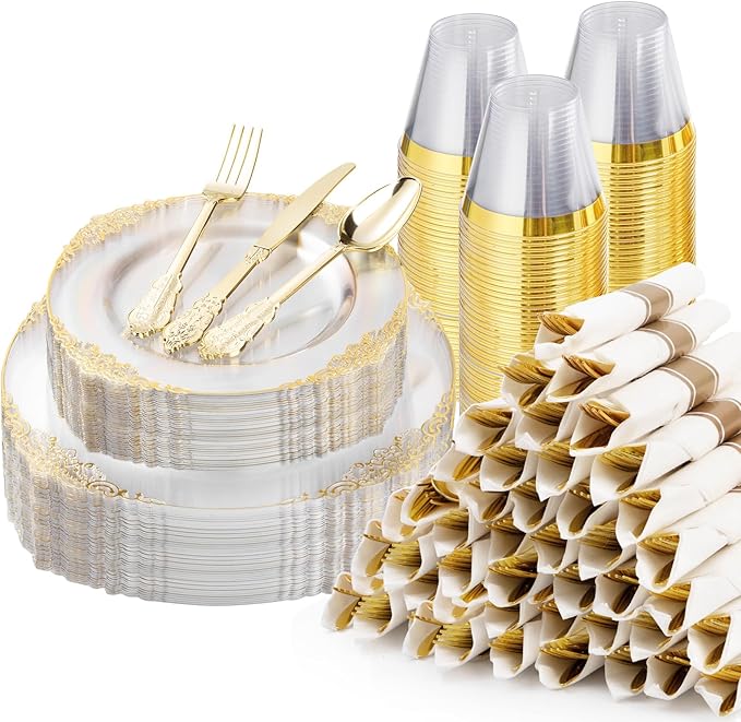 350PCS Clear Plastic Plates for 50 Guests, Disposable Dinnerware Sets Include 50 Gold Rim Plastic Plates, 25 Silverwares, 25 Cups, and 25 Pre Rolled Napkins for Party, Wedding and Graduation