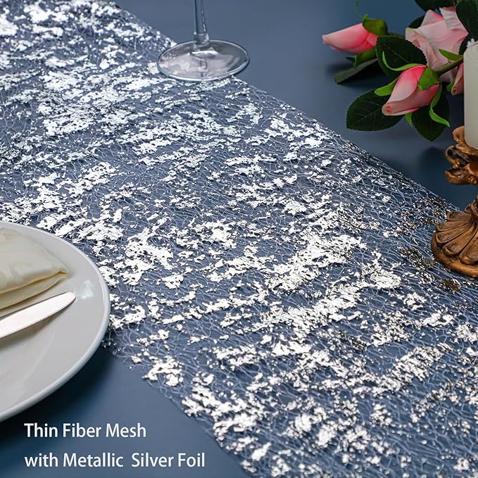 Snowkingdom 2 Pieces Silver Table Runner, Sequin Glitter Foil Metallic Thin Mesh Runner Roll 11"x108", Silver Table Decorations Centerpiece for Wedding Birthday Party Christmas