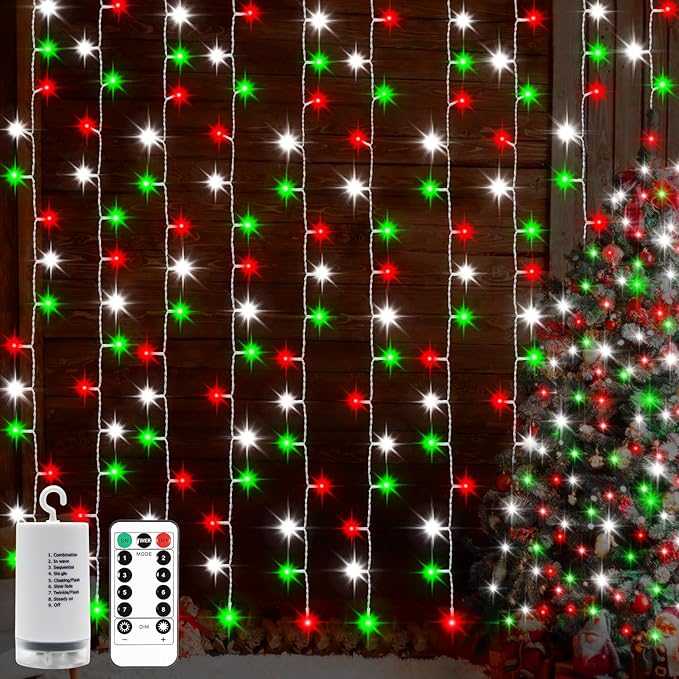 echosari Red White and Green Christmas Curtain Lights Battery Operated, 300 LED Fairy Curtain Lights 9.8Ft x 9.8Ft Hanging Lights with Remote Timer for Party Holiday Garden Yard Decor