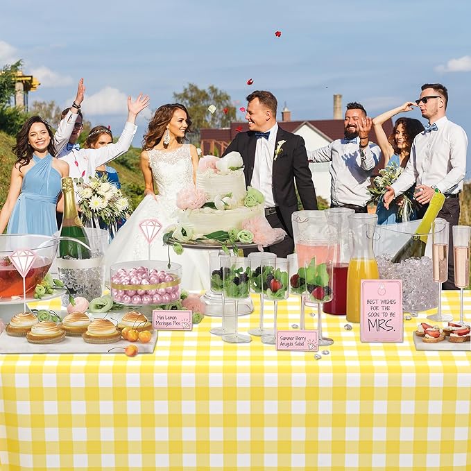 WNINK 6 Pack Light Yellow Gingham Rectangular Plastic Tablecloths, Yellow and White Checkered Disposable Table Covers 54" x 108" for Birthday, Wedding, Bridal Shower, Outdoor Picnic Camping Parties
