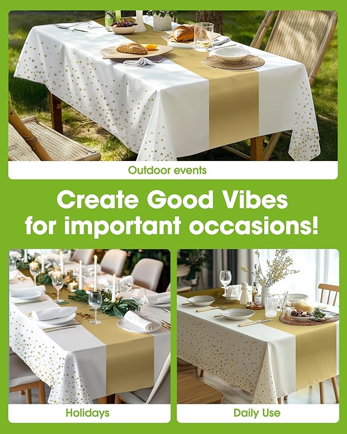 Pureegg Plastic Table Cloth Disposable 8 Pack, 54 x 108 Inch, Table Runner Style, Graduation Decorations 2026, Party Tablecloths, Rectangle, Plastic Cover, Leakproof & Sturdy, White Gold