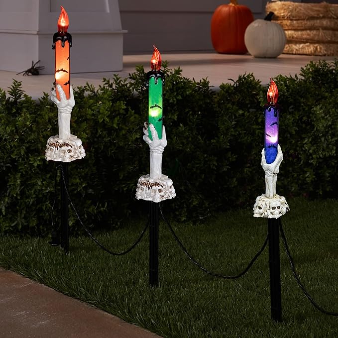 Hourleey Halloween Decorations, 5 Pack Skull Candle Lights with Stakes, Battery Operated Waterproof Pathway Decor with Timer for Indoor Outdoor Front Pathway Lawn Yard Garden