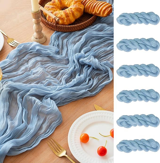 FEXIA 6 Pack Dusty Blue Table Runner 35x120 Inches Gauze Table Runner for Bridal Shower Wedding Party First Communion Centerpiece Engagement Boho Table Decoration (Dusty Blue)
