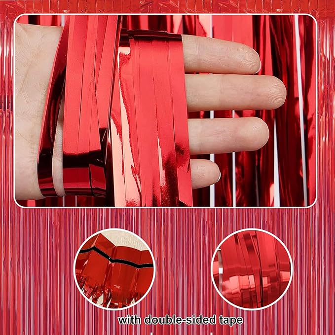 2 Pack 3.28 ft x 6.56 ft Red Tinsel Curtain Party Backdrop - Metallic Foil Tinsel Fringe Backdrop Door Fringe for Halloween, Christmas, Birthday Graduat