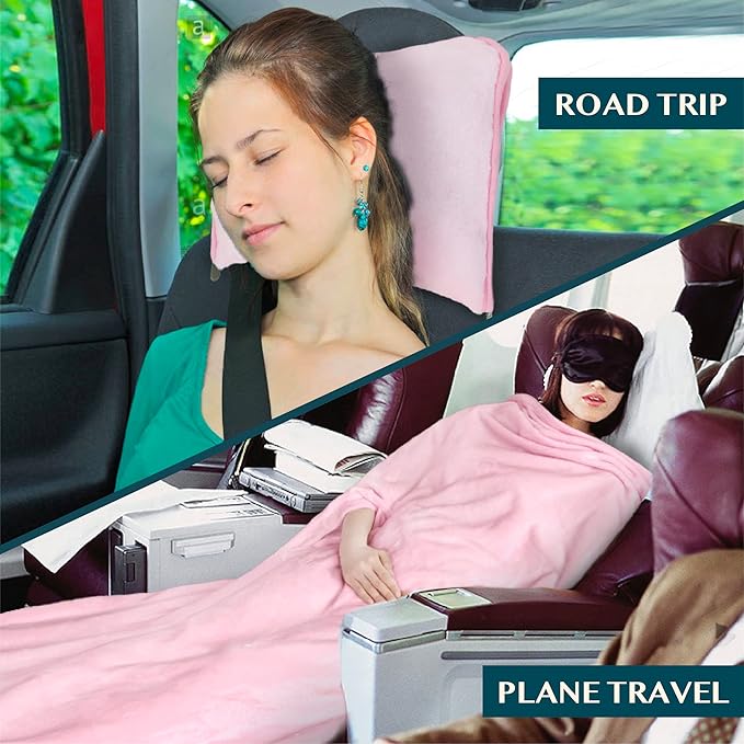 PAVILIA Travel Blanket and Pillow, Arms Opening Airplane Blankets for Adults, Compact Plane Blanket with Arm Hole 2-in-1 Bag for Flight Car Camping Fit in Luggage Backpack Traveler Gift, Pink