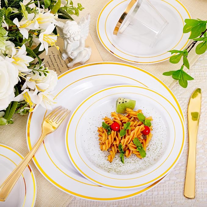 bUCLA 600Pcs White and Gold Plastic Plates - Gold Disposable Dinnerware Set for 100 Guests Include 100 Dinner & 100 Dessert Plates, 100 Cups, 100 Forks, 100 Spoons, 100 Knives for Party