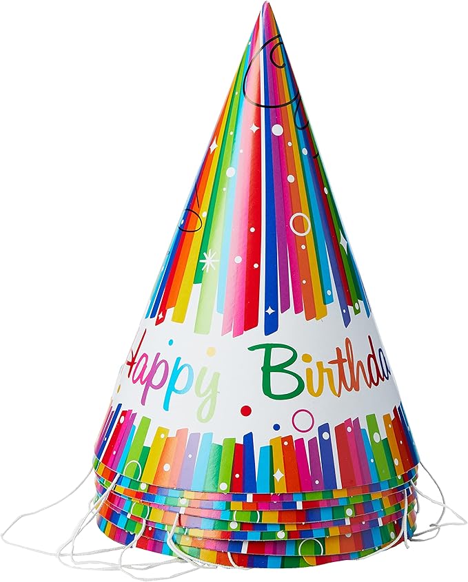 Multicolor Rainbow Ribbons Birthday Paper Party Hats (Pack Of 8) - Vibrant Paper Hats, Perfect For Kids & Adults - One Size Fits All