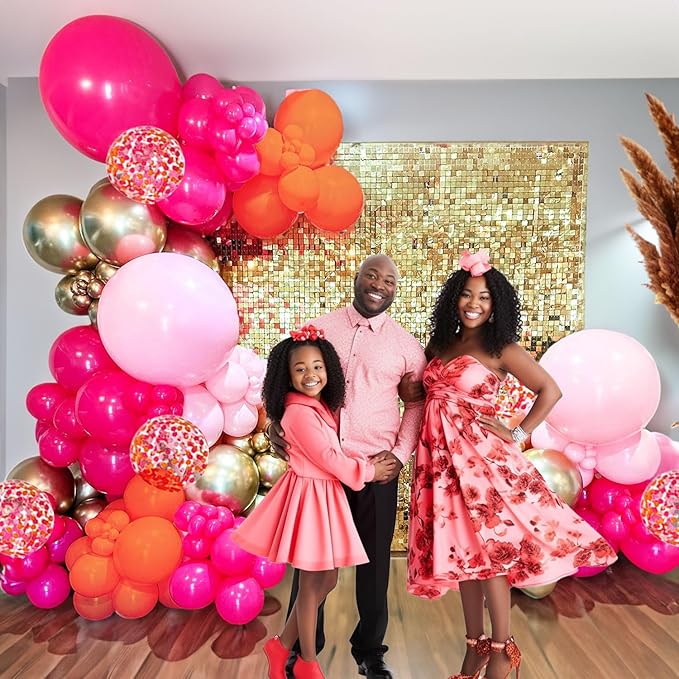Pink Orange Balloon Arch Balloon Garland Kit Hot Pink Gold Confetti Globos Magenta Stuff For Summer Tropical Luau,Groovy Bachelorette, Sunset Baby Shower,Graduation Party Decorations
