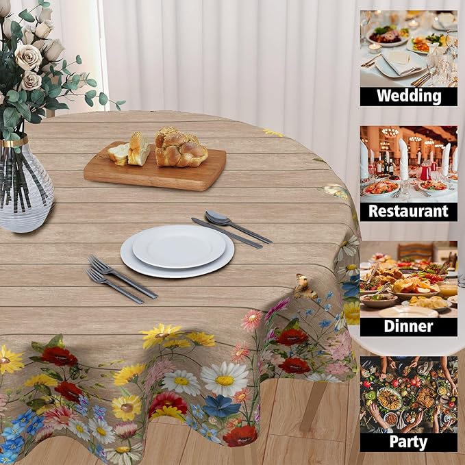 Spring Summer Round Tablecloth 70 Inch Vintage Floral Brown Wood Circle Table Cloth Farmhouse Table Cover Washable Polyester Indoor Decorations for Home Kitchen Dinning Party