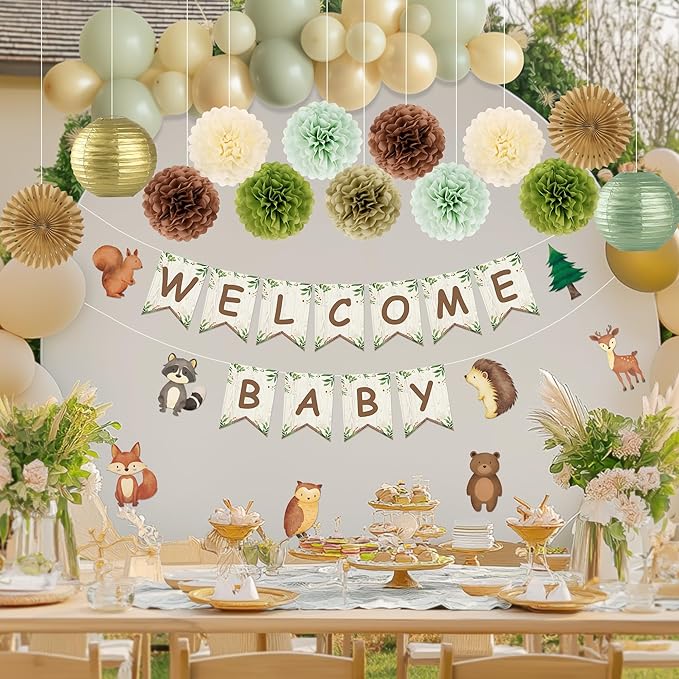 Kriyokiaa Woodland Baby Shower Decorations 15 Pcs Baby Shower Decorations with Welcome Baby Banners Paper Lantern Paper Flower Pom Poms Perfect for Indoor & Outdoor Celebrations