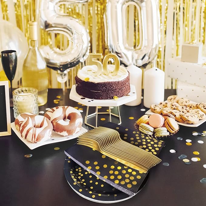 Serves 35 Guests Black and Gold Plates and Napkins Party Supplies,7" Black Paper Plates and Napkins,Disposable Party Dinnerware for Birthday Wedding,Graduation