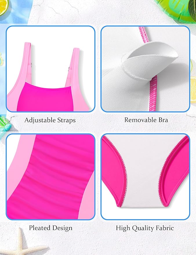 Girl Swimsuit One Piece Bathing Suit for Girls Solid Color Ruched Adjustable Straps Padded Swimwear 9-16y