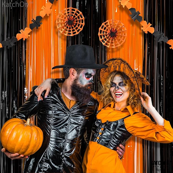 KatchOn, Black and Orange Foil Fringe Curtain - XtraLarge 3.2x8 Feet, Pack of 2 | Orange and Black Streamers, Halloween Decorations | Fringe Backdrop Curtain for Birthday, Basketball Party Decorations