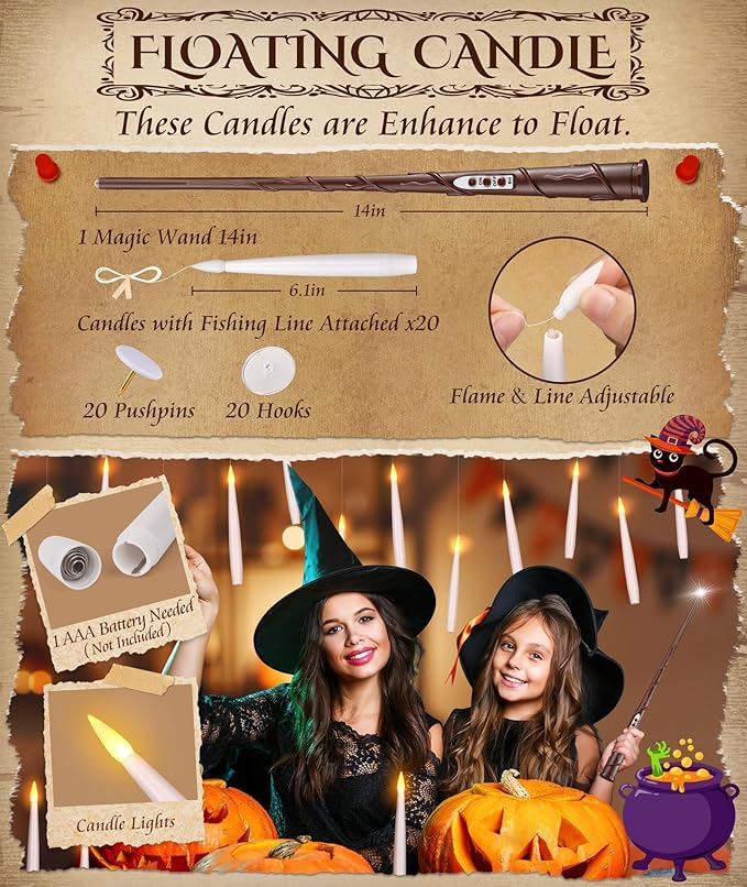 Halloween Decorations Floating Candles with Wand: 20Pcs Flameless Floating Candles with LED Warm Lights Battery Operated Magic Candle for Birthday Gifts Halloween Party Decorations Indoor Home Decor