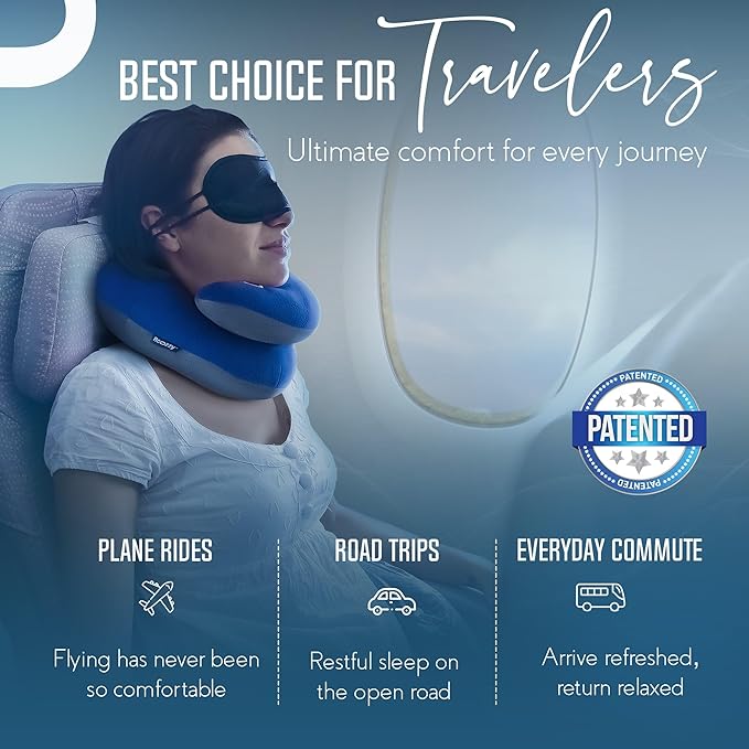 BCOZZY Organic Cotton Double Support Neck Pillow for Travel - 3 Ergonomic Positions for Head, Neck, and Chin Comfort - Ideal for Sleeping Upright on Flights, Cars, and at Home – Large, Navy