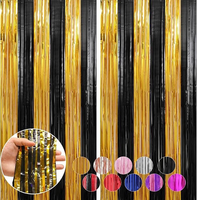 2 Pack Gold and Black Foil Fringe Curtains Streamers 3.3 x 8.2 ft, Tinsel Backdrop for Parties, Door Birthday Streamers, Photo Booth Backdrops, Party Decorations