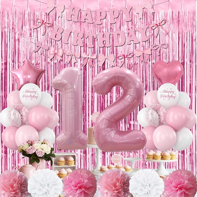 12th Birthday Decorations for Girls Pink Number 12 Balloon Bow Coquette Happy Birthday Banner Fringe Curtain Paper Pom Poms Star Heart Foil Pink White Balloons 21 Year Old Party Decor