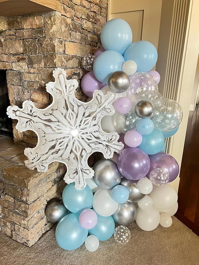 Snow Balloons Set, Pearl Purple Blue Metallic Purple Blue Snowflake Latex Balloon with Silver Confetti Balloons for Winter Wonderland Christmas Princess Girl Birthday Baby Shower Party Decor