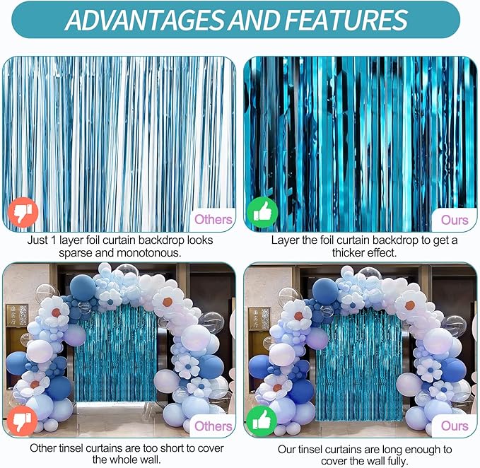 Crosize 4 Pack 3.3 x 9.9 ft Foil Fringe Curtains Party Decorations, Blue Tinsel Curtain Backdrop for Parties, Door Streamers, Glitter Streamer Fringe Backdrop for Birthday Decoration (Blue)