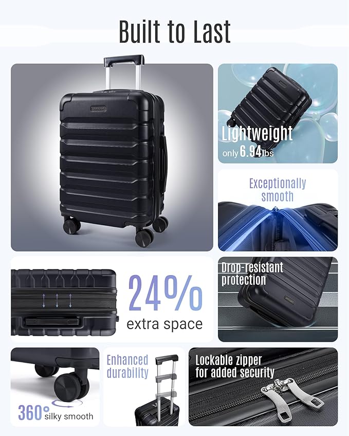 LIGHT FLIGHT Carry On Luggage 22x14x9 Airline Approved, Expandable Carry On Suitcases with Wheels, Lightweight Luggage, Durable Hard Shell 20 Inch Rolling Suit Case for Men Women Travel Black