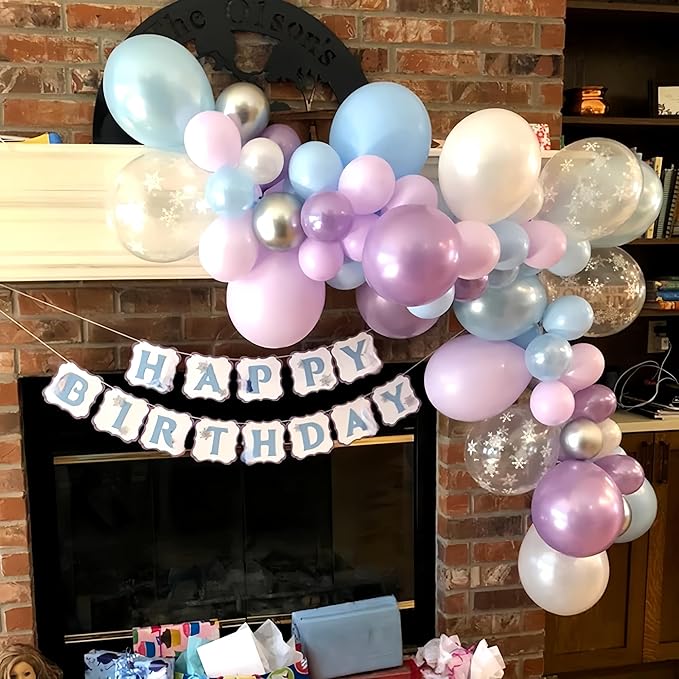 Winter Balloon Garland Arch Kit, 103Pcs Pearl Purple Blue White Metallic Silver Snowflake Latex Balloons Garland for Christmas Winter Wonderland Theme Princess Birthday Baby Shower Party Decorations
