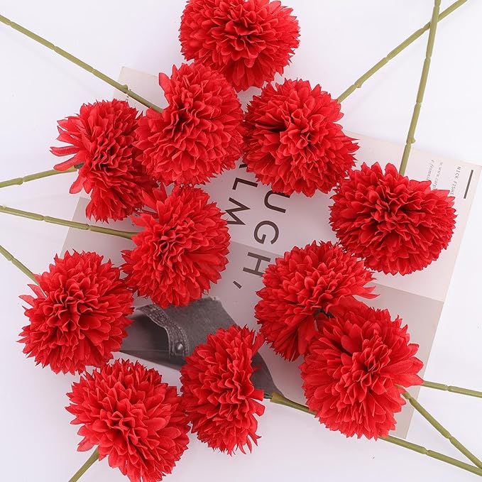 12 Pcs Artificial Chrysanthemums Flowers Silk Red Ball Flowers Fake Mums Flowers for Christmas Wedding Floral Table Centerpiece Home Decor (12, Red)