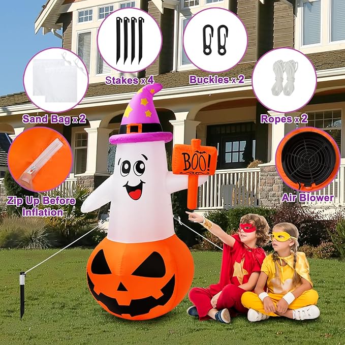 BOHON 5Ft Halloween Inflatables Decorations Outdoor Cute Pumpkin Ghost with Witch Hat Built-in Led Lights Blow Up Yard Decor Inflatable Clearance for Indoor Outside Home Holiday Party Lawn Garden