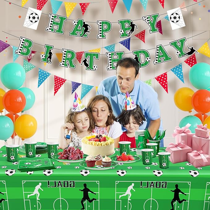 Soccer Birthday Decorations, 170 Pcs Soccer Party Decorations Including Banner, Plates, Cups, Napkins, Cutlery, Straws and Tablecloths, Serves 24